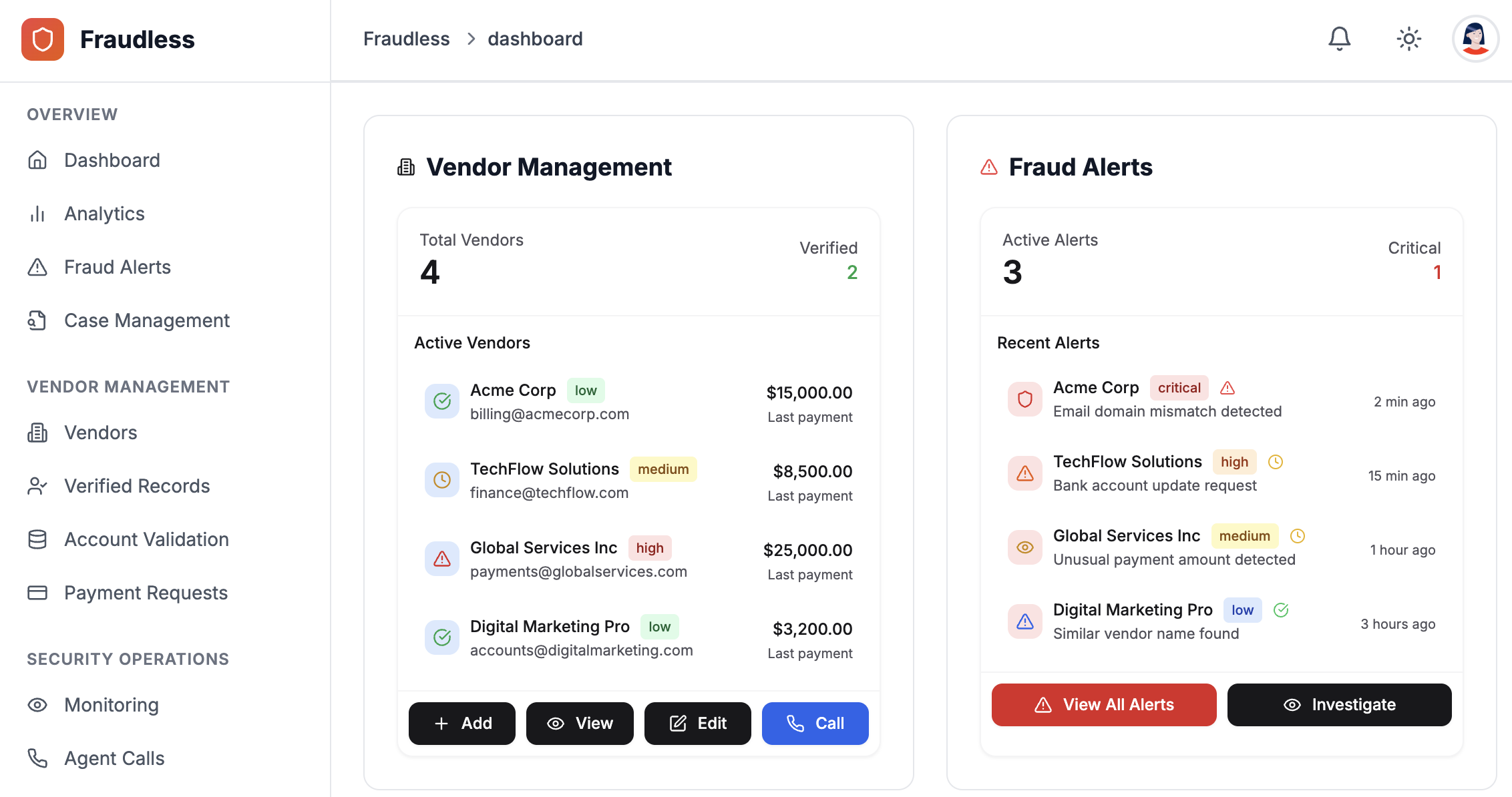 Fraudless Dashboard - Real-time Threat Detection and Vendor Management